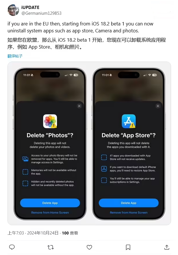 仙游苹果手机维修分享iOS 18.2 支持删除 App Store 应用商店 