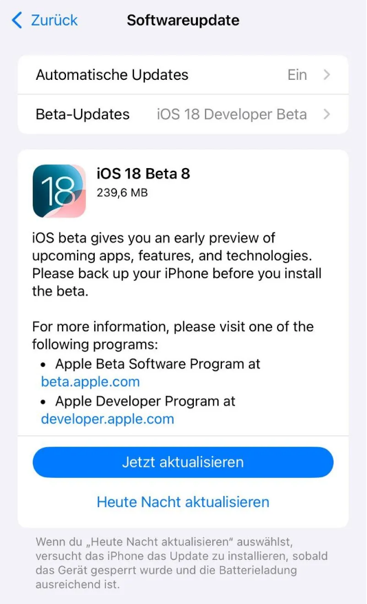 仙游苹果手机维修分享苹果 iOS / iPadOS 18 开发者预览版 Beta 8 发布 
